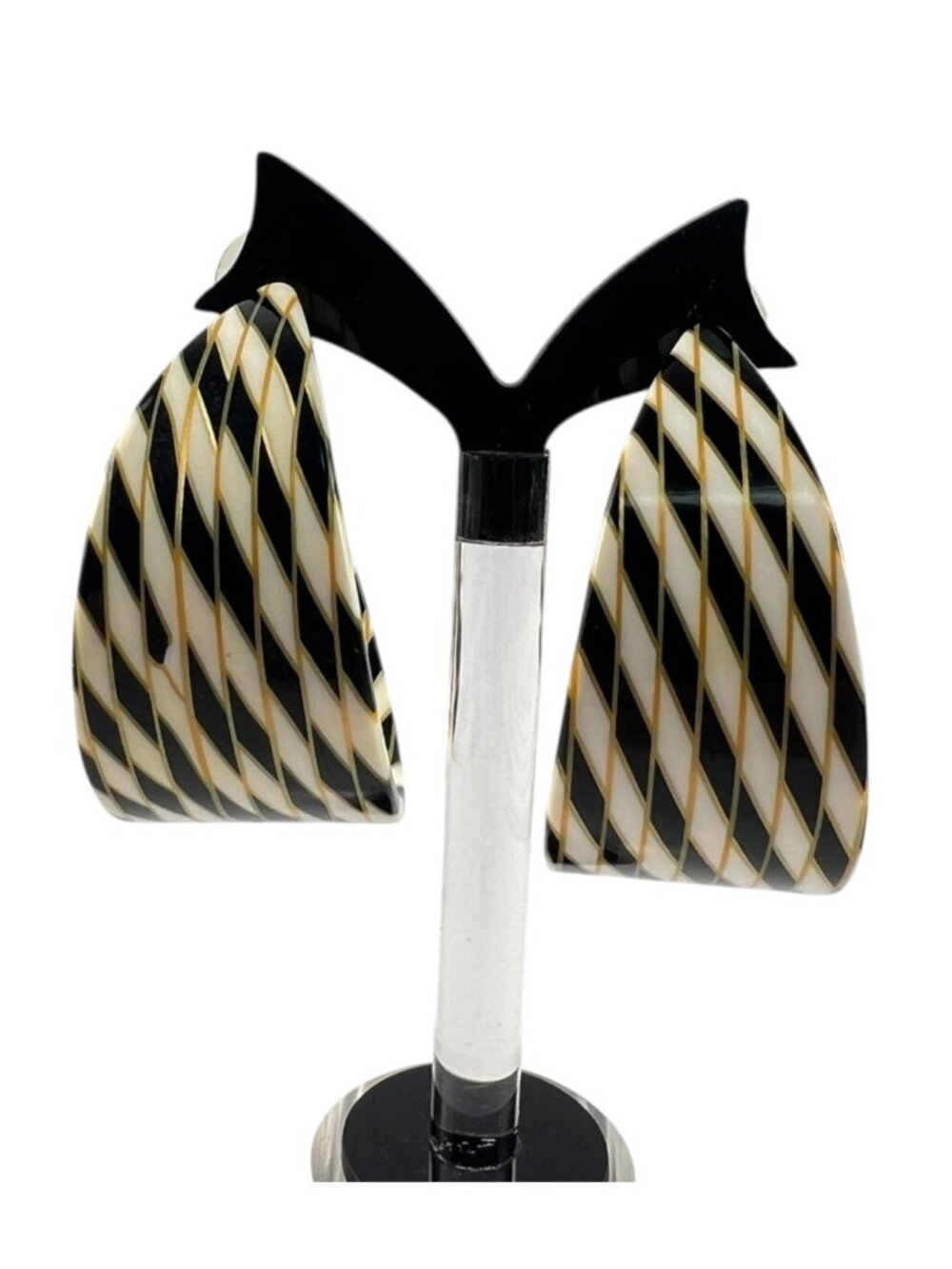 Vintage Black & Ivory Diagonal Striped Lucite Hoop Earrings Statement Design